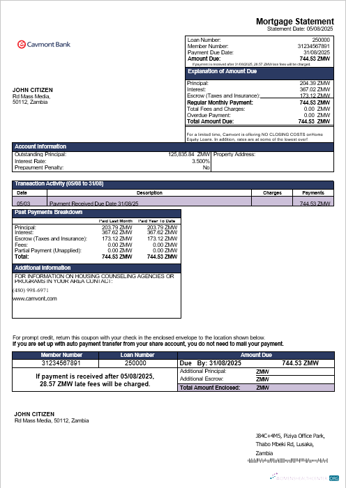 Download Zambian Cavmont bank mortgage statement in Word and PDF formats Photoshop template